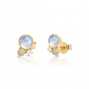 Genuine Diamond Opal And Rainbow Moonstone Studs Earrings 14K Gold Gift for Her