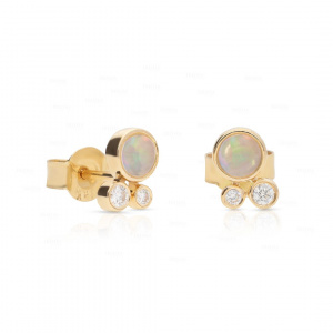 0.10Ct. VS DIamond Opal Tri Stone Stud-Earrings in 14k Gold Fine Jewelry
