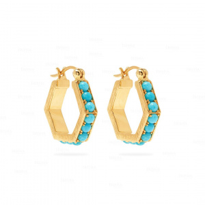 1.25 Ct. Turquoise Gemstone Hexagonal Earring 14K Gold Gift Fine Jewelry