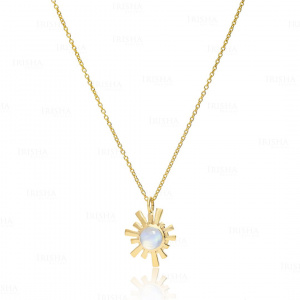 14K Gold 0.30 Ct. Genuine Rainbow Moonstone Sun Pendant Necklace Fine Jewelry