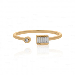 Genuine Baguette And Round Diamond Open Cuff Ring 14K Gold Fine Jewelry