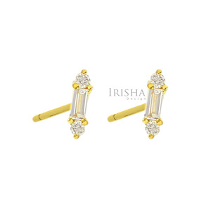 14K Gold 0.14 Ct. Genuine Round And Baguette Diamond Minimal Stud Fine Earrings