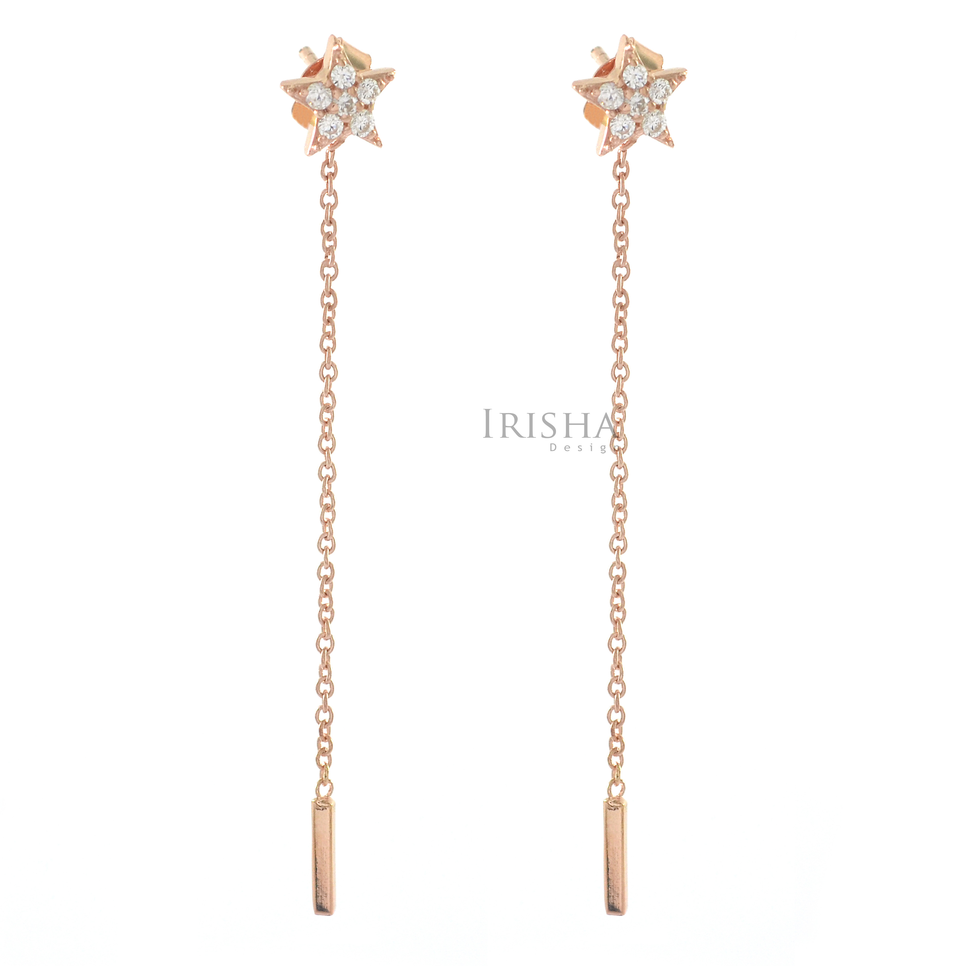 14K Gold 0.12 Ct. Genuine Diamond Star Long Chain Earrings Fine Jewelry