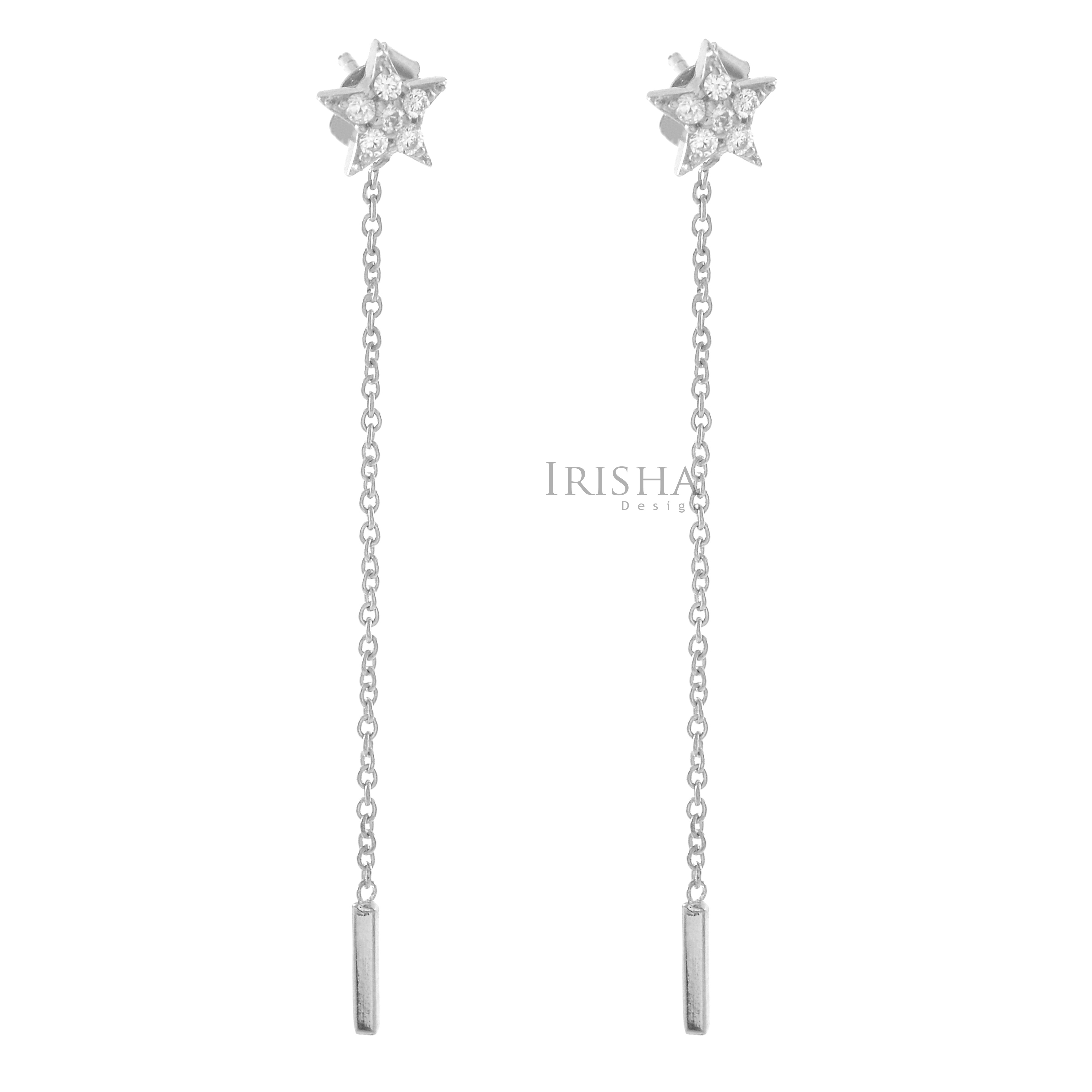 14K Gold 0.12 Ct. Genuine Diamond Star Long Chain Earrings Fine Jewelry
