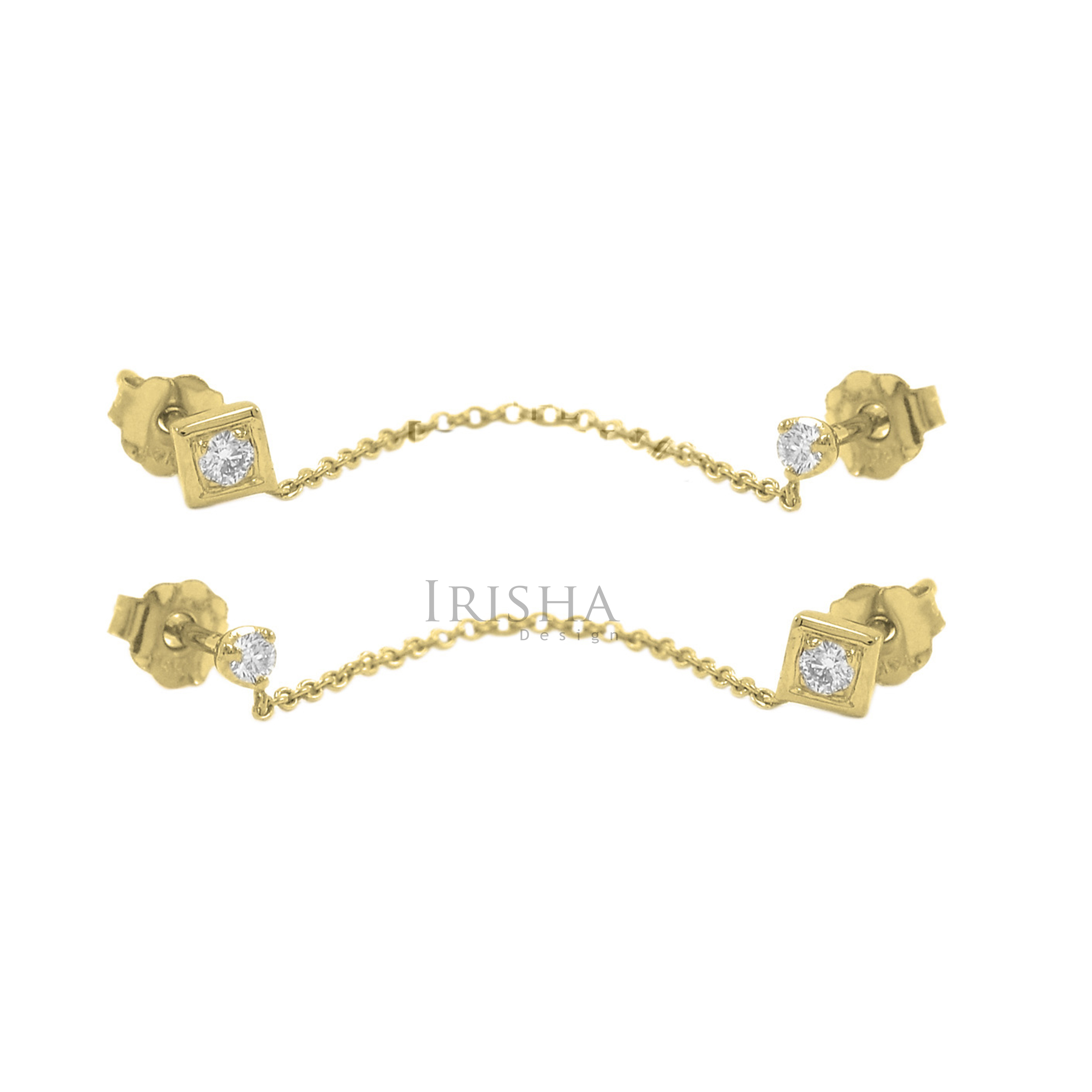 14K Gold 0.14 Ct. Natural Diamond Double Lobe Piercing Chain Earrings Jewelry