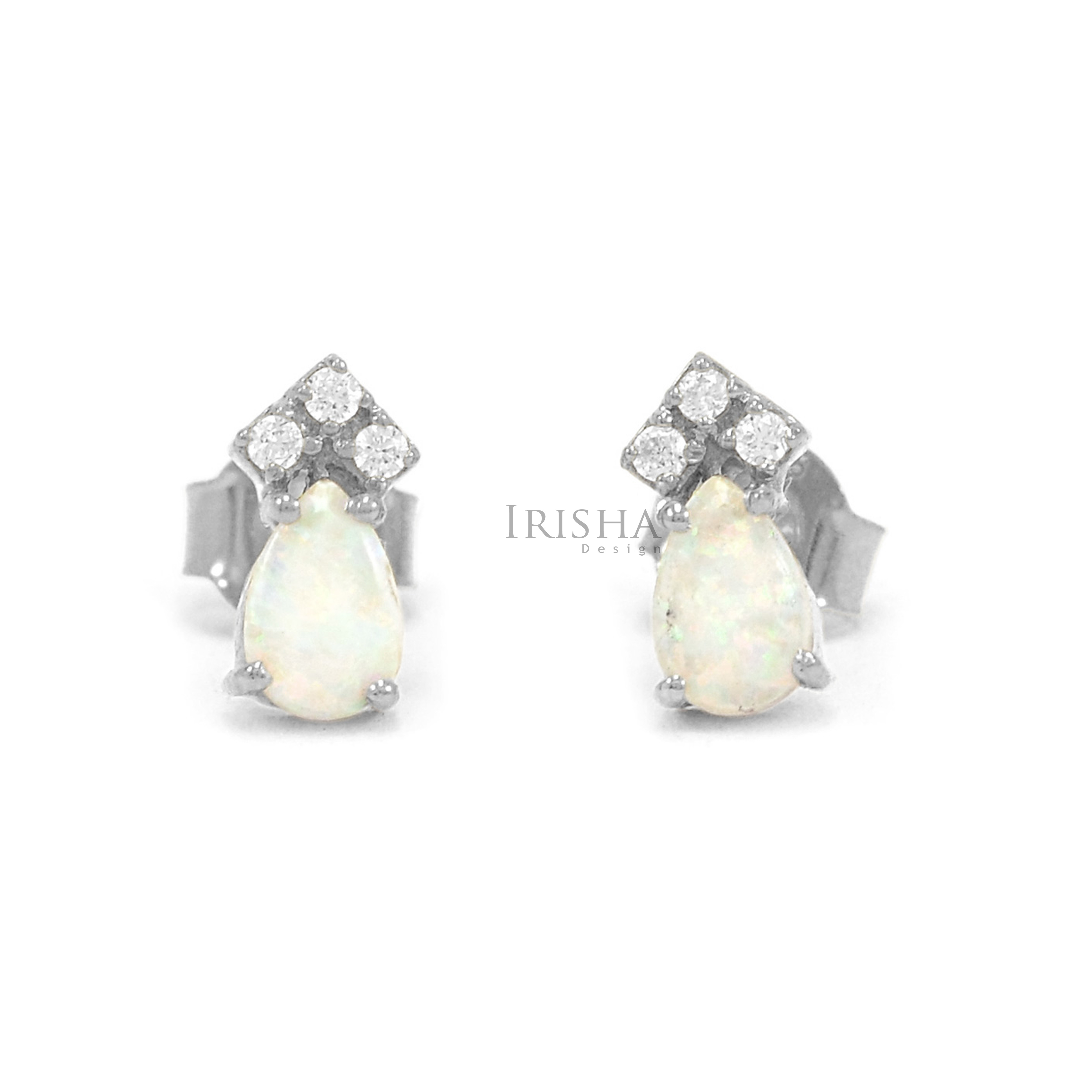 14K Gold Genuine Diamond And Opal Gemstone Pear Shape Earrings Fine Jewelry