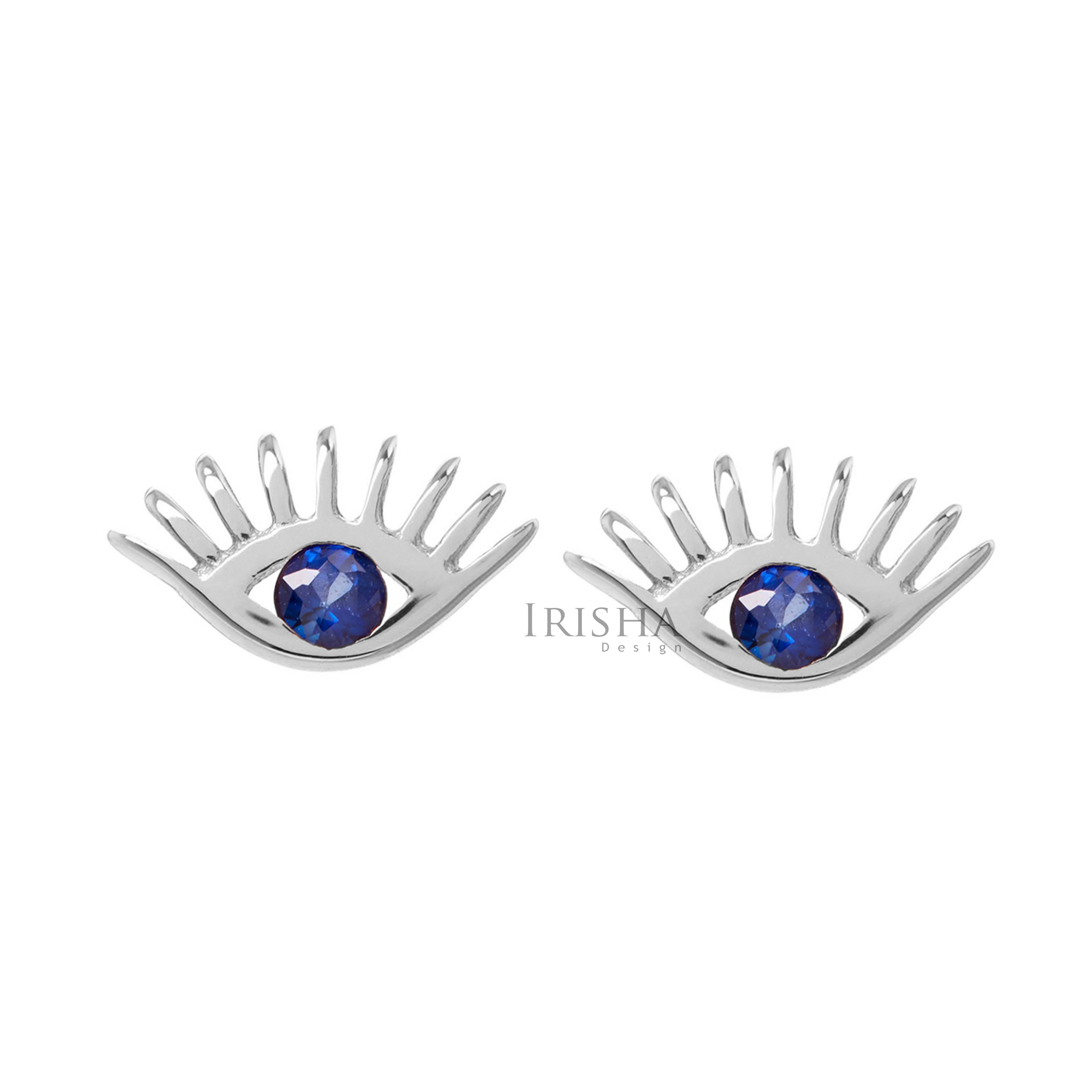 14K Gold 0.08 Ct. Genuine Blue Sapphire Gemstone Evil Eye Earrings Fine Jewelry