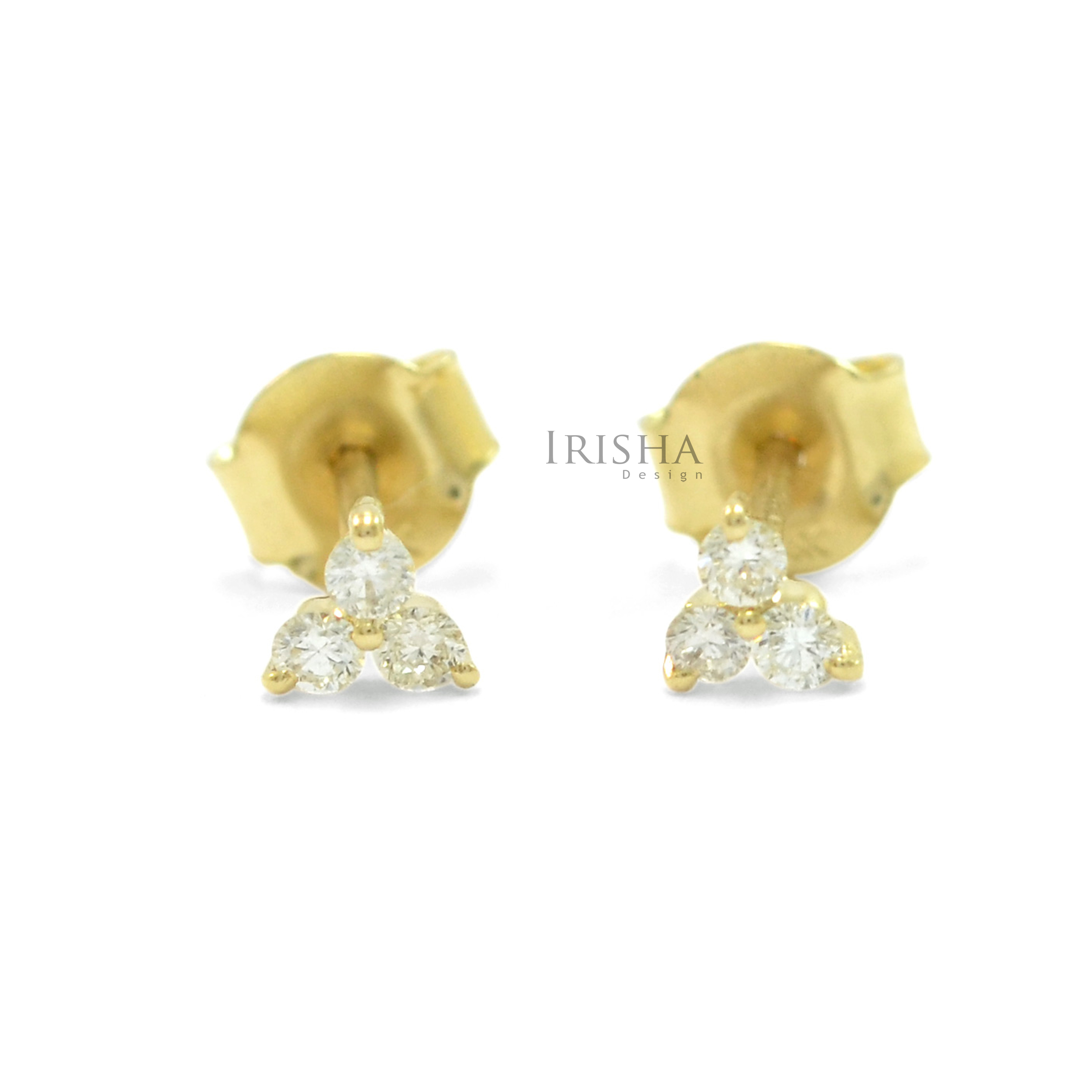 14K Gold 0.18 Ct. Genuine Three Diamond Earrings Handmade Fine Jewelry