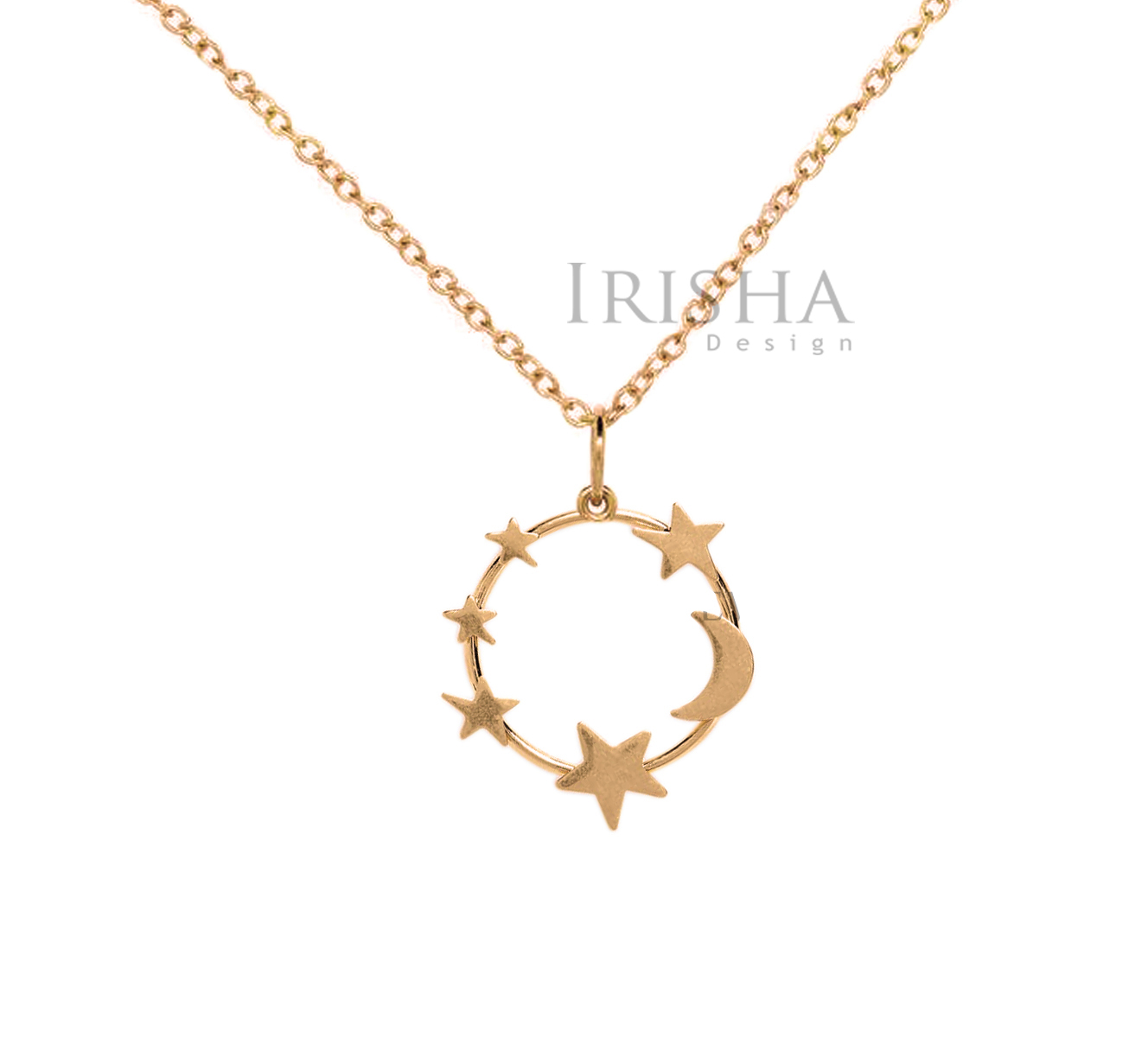 14K Solid Plain Gold Round Moon Star Pendant Necklace Handmade Fine Jewelry