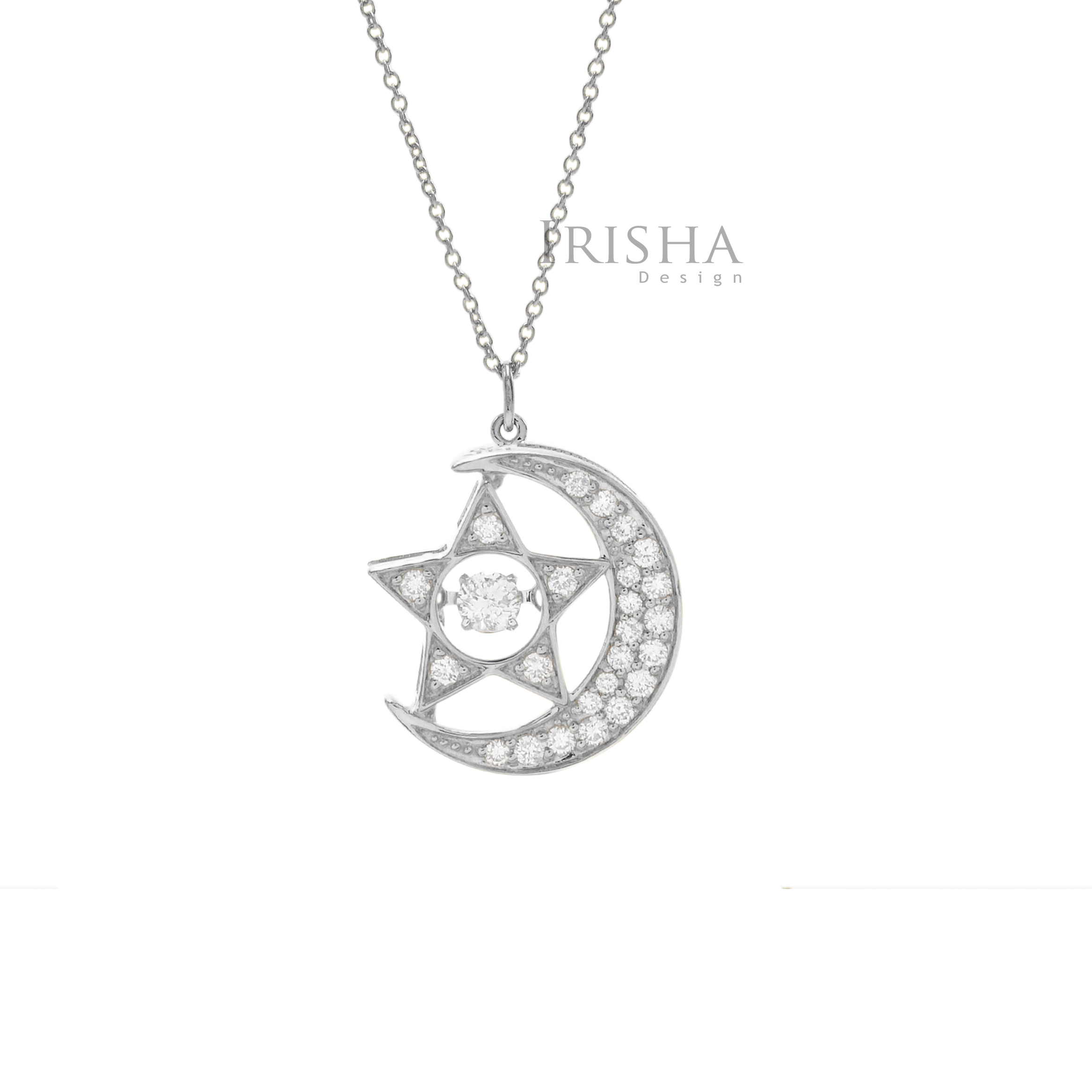 14K Gold 0.28 Ct. Genuine Diamond Crescent Moon Star Charm Necklace Fine Jewelry