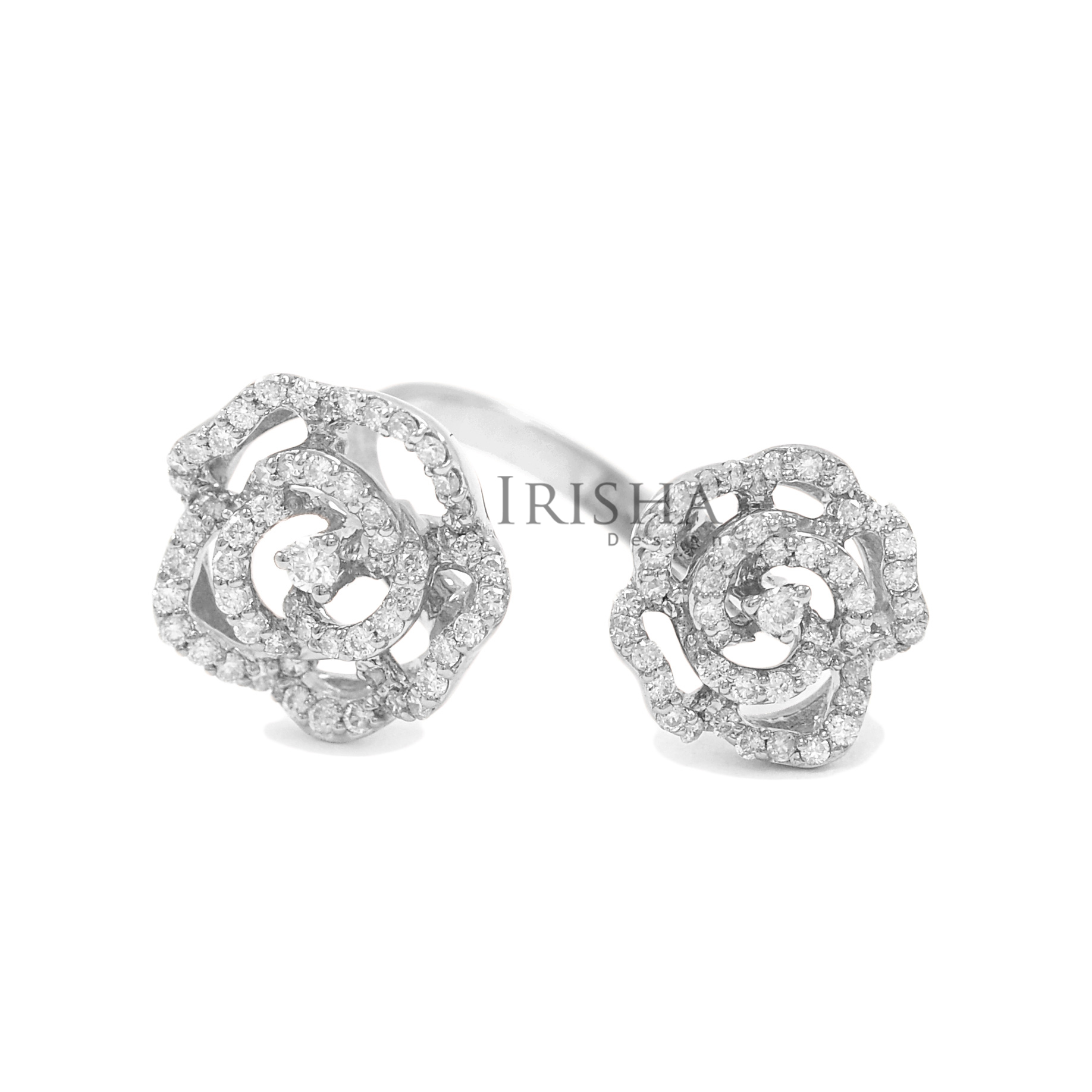 18K Gold 0.75 Ct. Genuine Diamonds Double Flower Open Cuff Ring Fine Jewelry