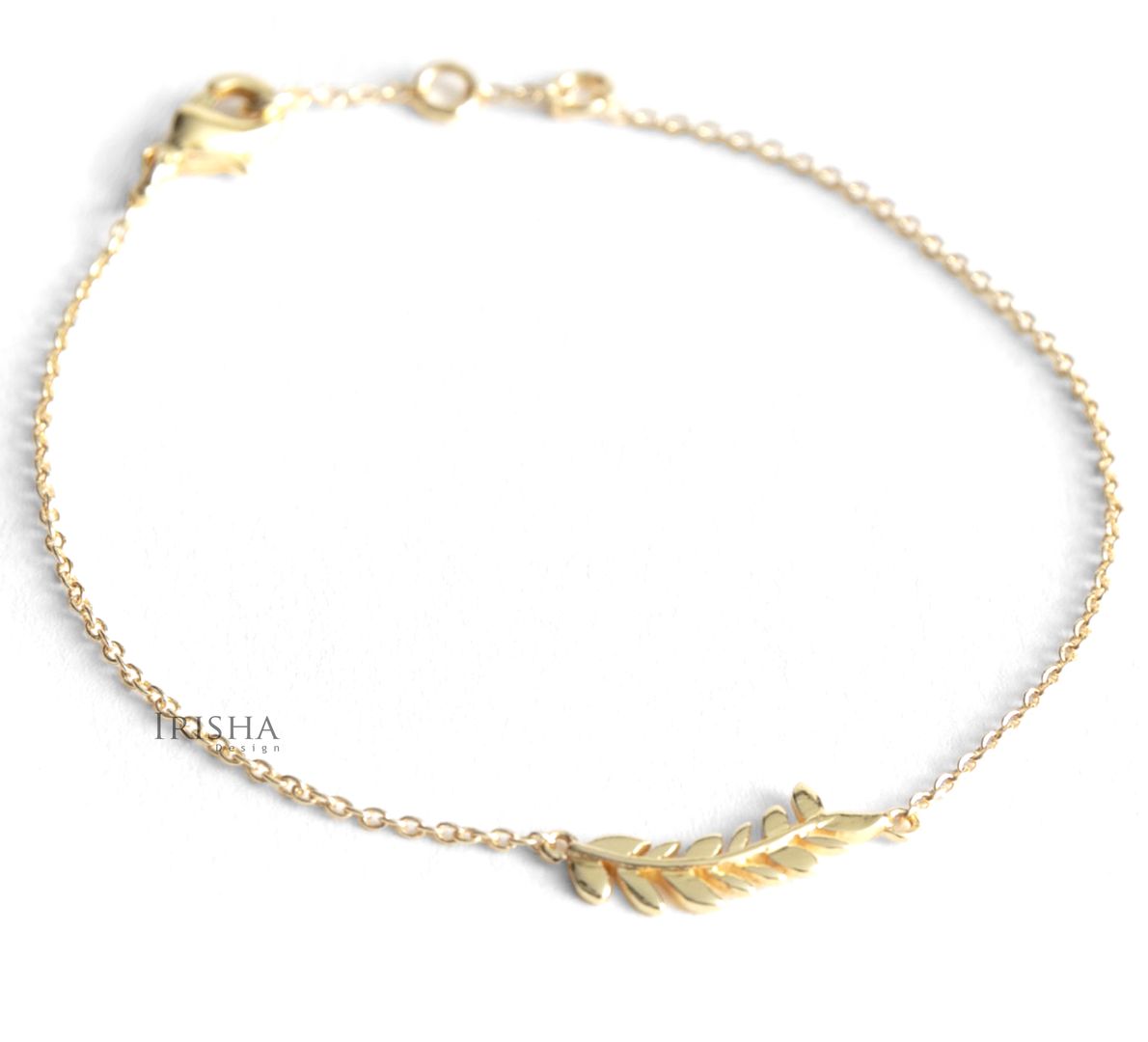 14K Solid Plain Gold Leaf Feather Minimalist Chain Bracelet Fine Jewelry