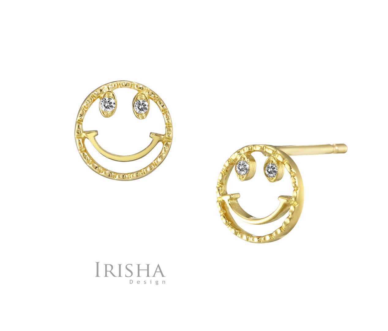 14K Gold 0.04 Ct. Genuine Diamond Smiley Face Earrings Handmade Fine Jewelry