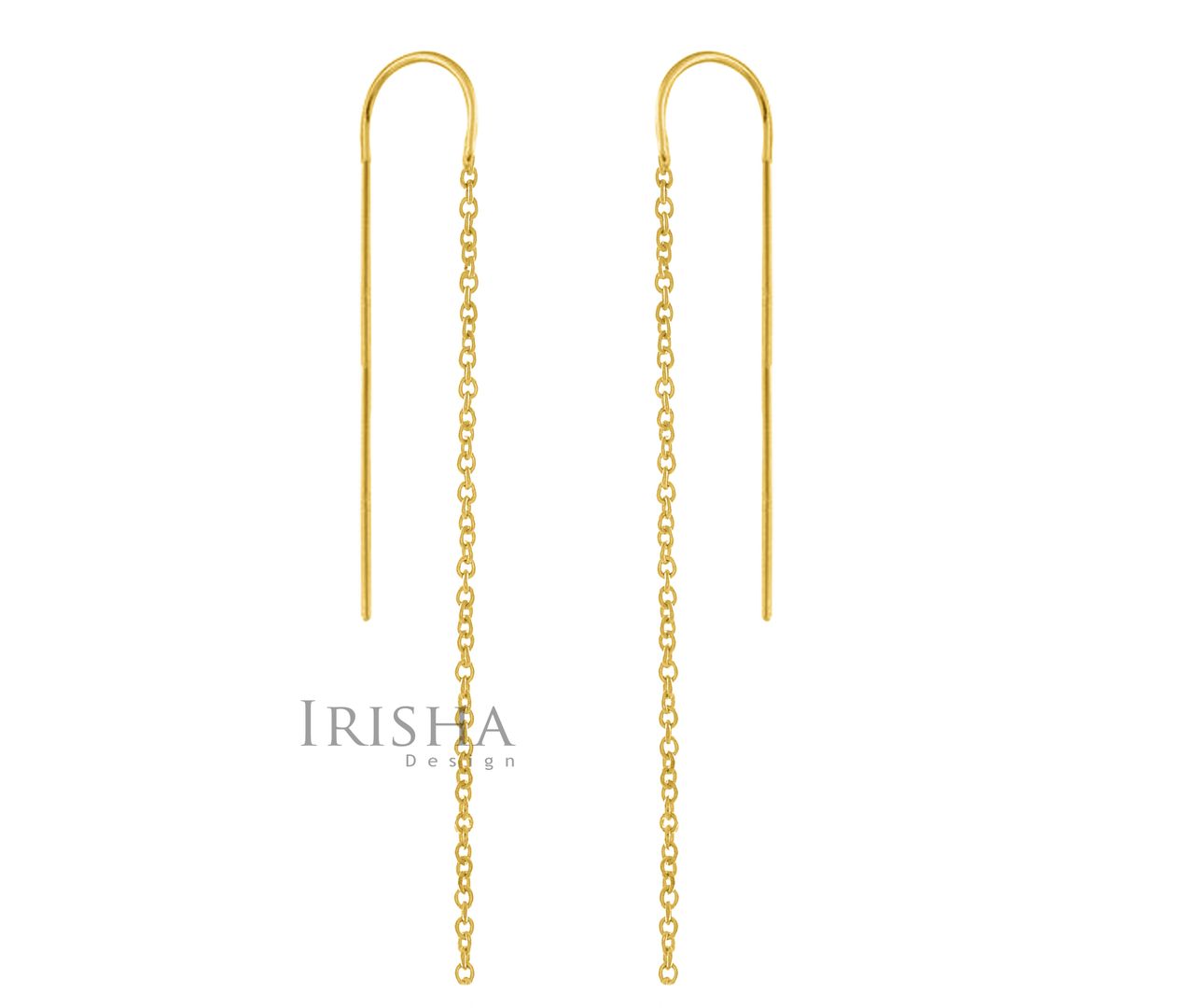 14K Plain Gold Long Thin Bar Chain Drop Threader Earrings Handmade Fine Jewelry