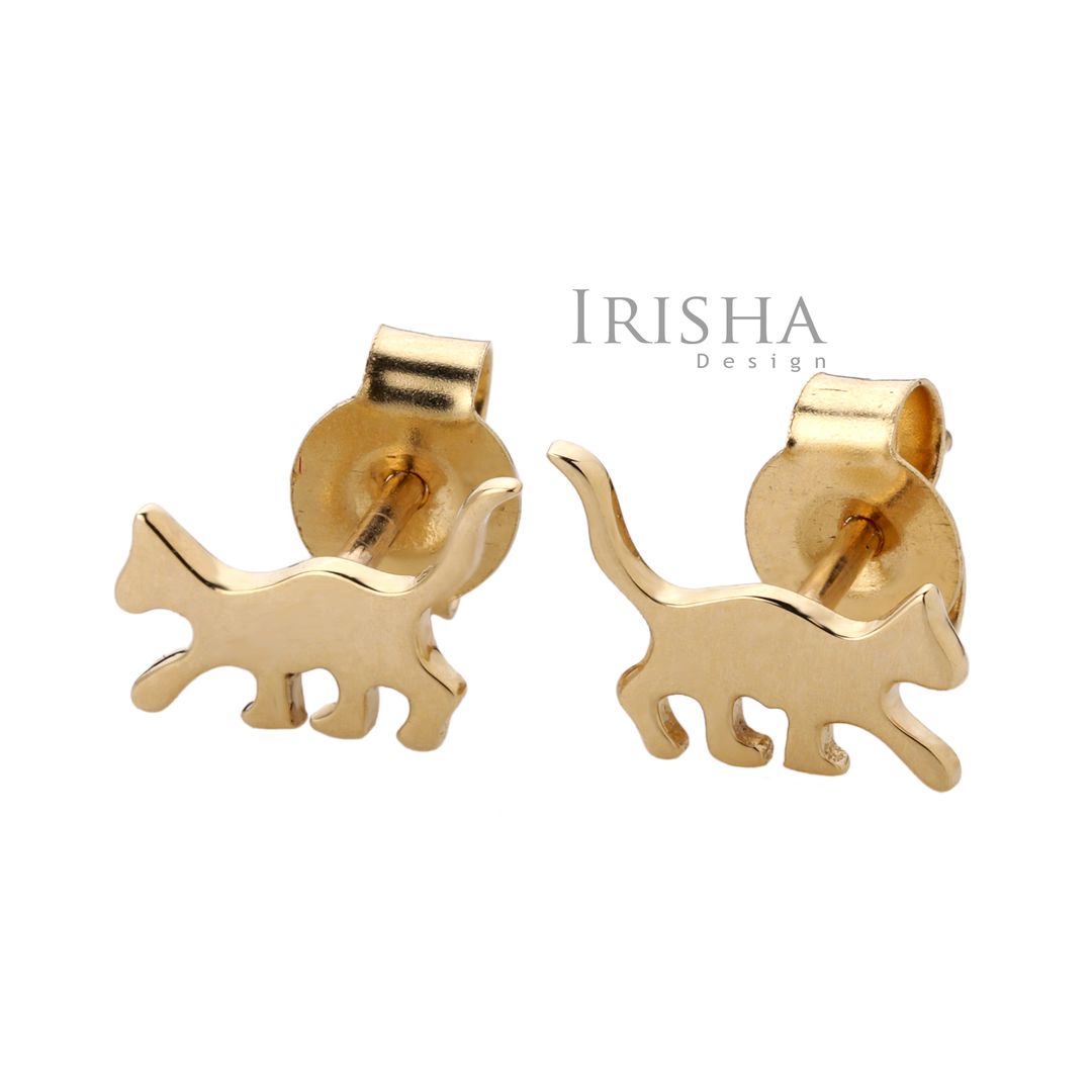 14K Solid Plain Gold Unique Style Cat Stud Earrings Handmade Fine Jewelry