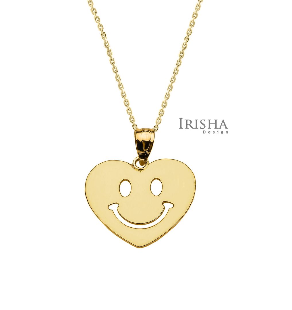 14K Solid Plain Gold Smiley Heart Shape Pendant Necklace Fine Jewelry