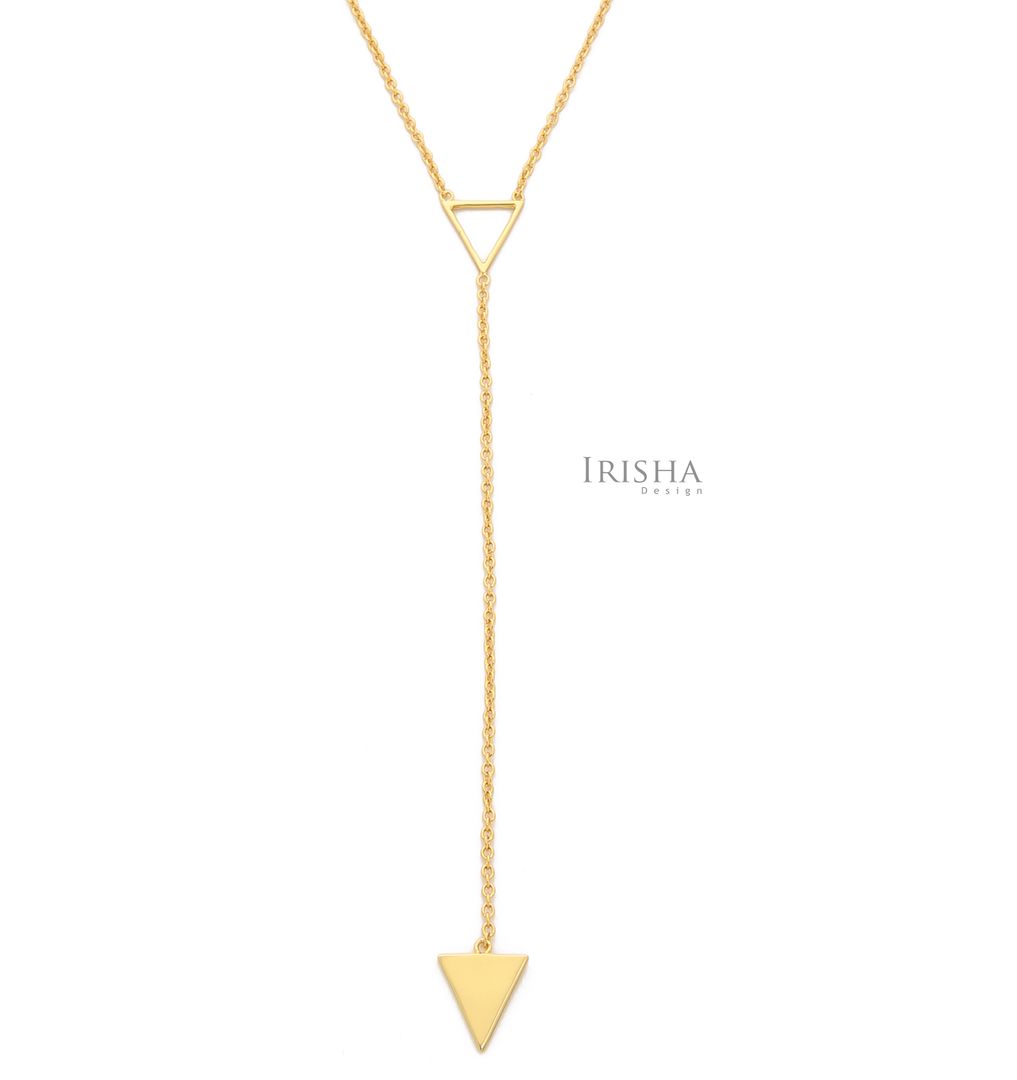 14K Solid Plain Gold Double Triangle Drop Lariat Necklace Handmade Fine Jewelry