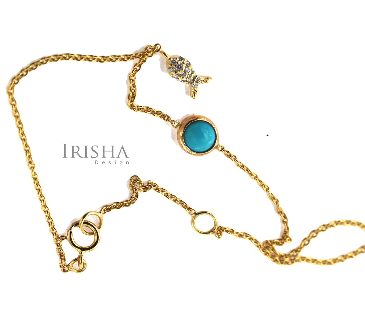 14K Gold Genuine Diamond And Turquoise Gemstone Fish Charm Bracelet Fine Jewelry