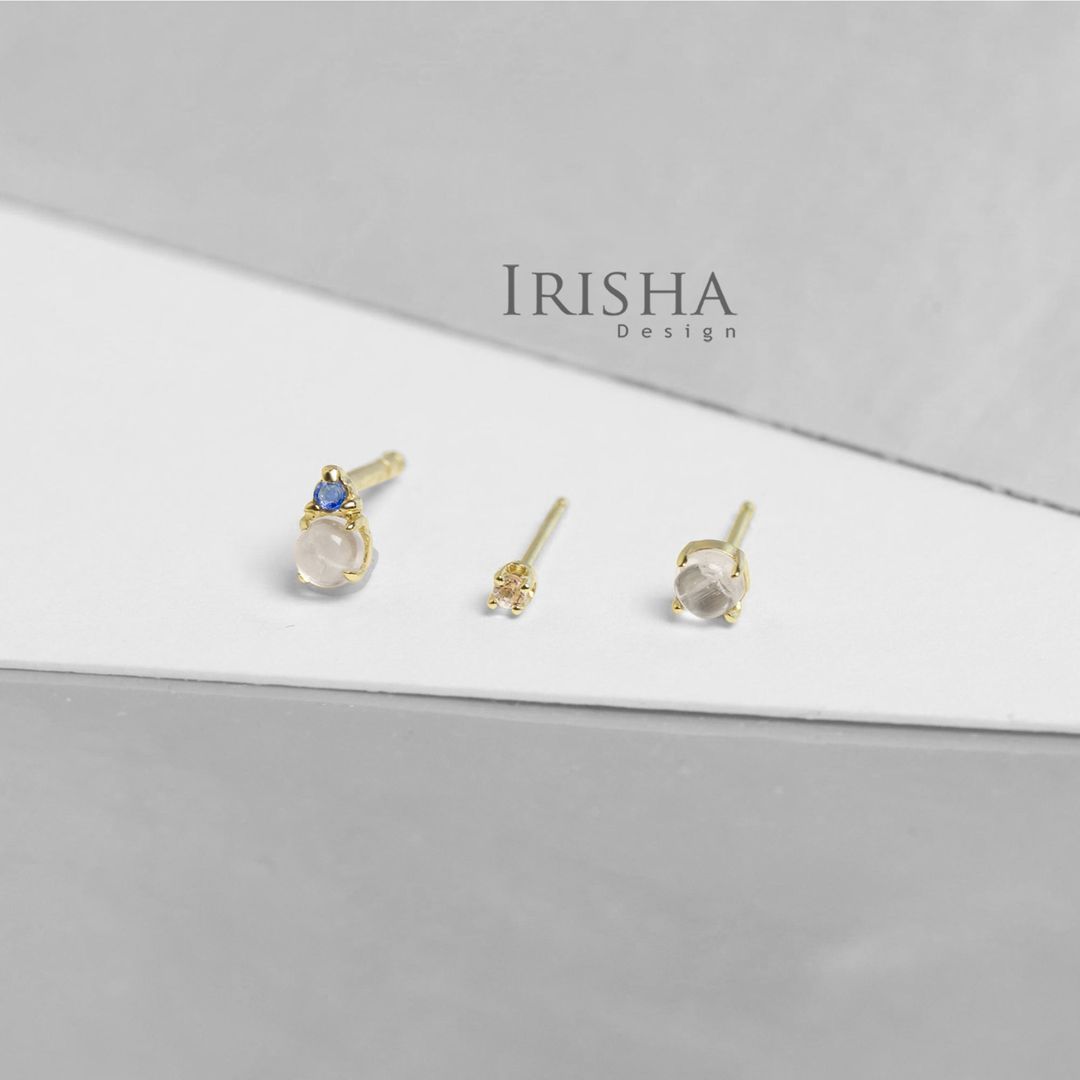 14K Gold Genuine Diamond Moonstone Blue Sapphire Three Single Piece Stud Earring
