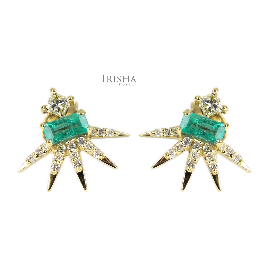 14K Gold Genuine Diamond And Baguette Emerald Gemstone Spike Studs Fine Earrings