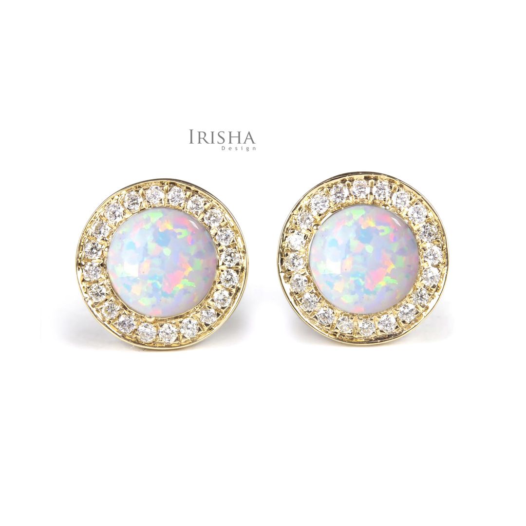 14K Gold Genuine Diamond And Opal Gemstone Round Studs Earrings Fine Jewelry
