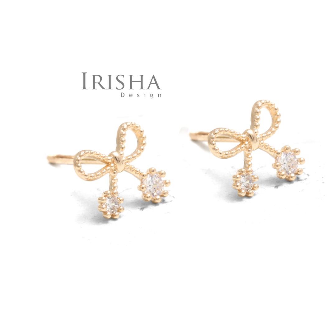 14K Gold 0.15 Ct. Genuine Diamond Bow Design Wedding Studs Earrings Fine Jewelry