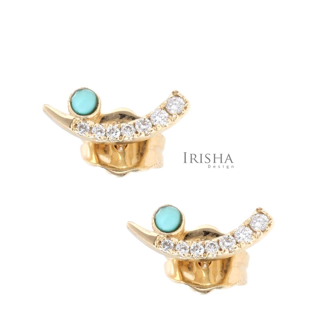 14K Gold Genuine Diamond And Turquoise Gemstone Minimalist Studs Earrings