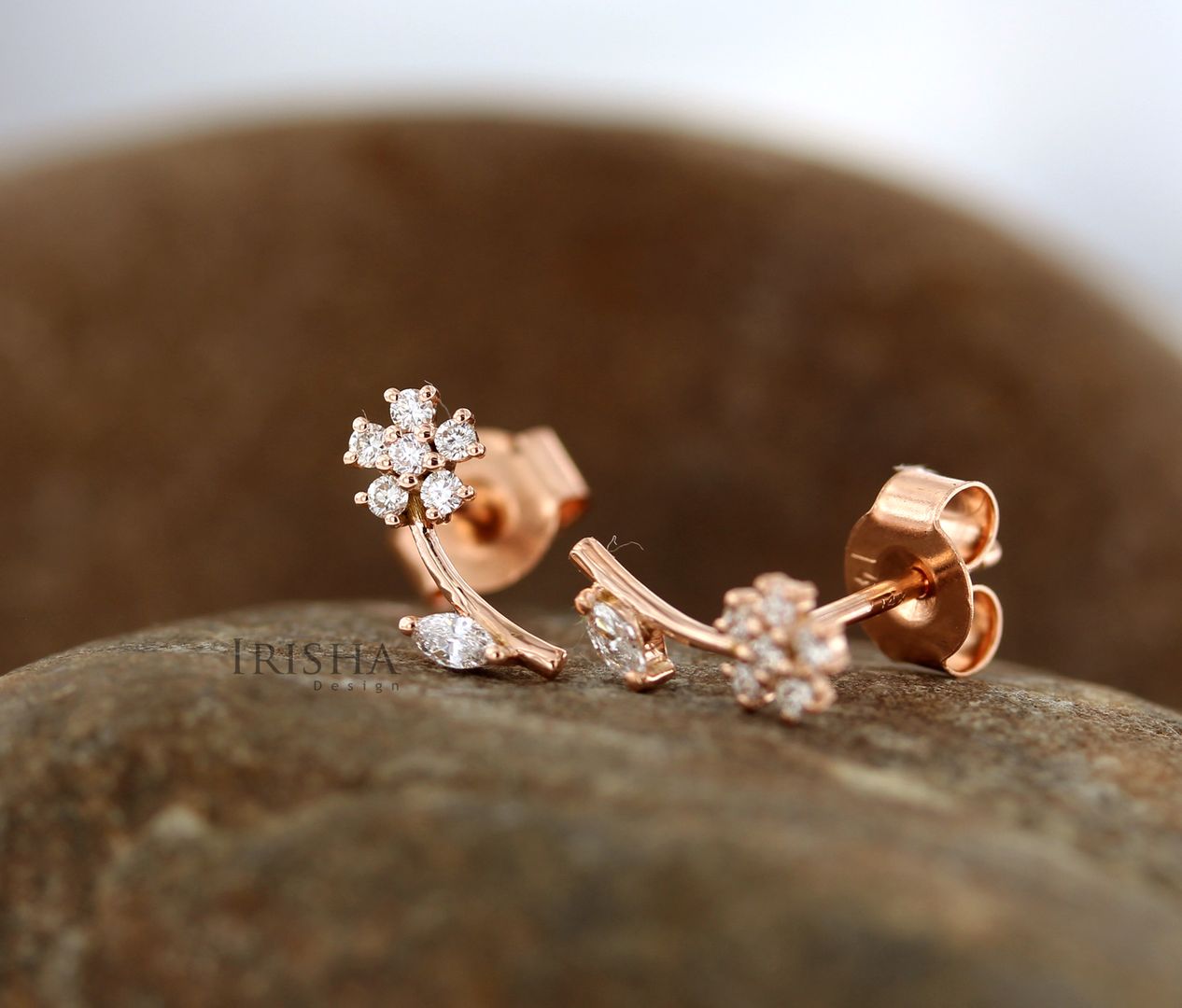 14K Gold 0.20 Ct. Genuine Diamond Leaf Floral Design Studs Earrings Fine Jewelry