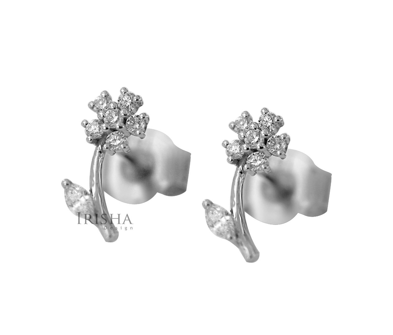 14K Gold 0.20 Ct. Genuine Diamond Leaf Floral Design Studs Earrings Fine Jewelry