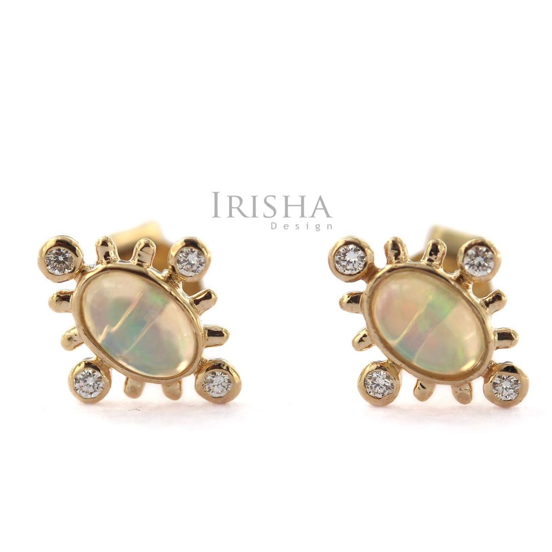 14K Gold Genuine Diamond And Oval Shape Opal Gemstone Stud Earrings Fine Jewelry