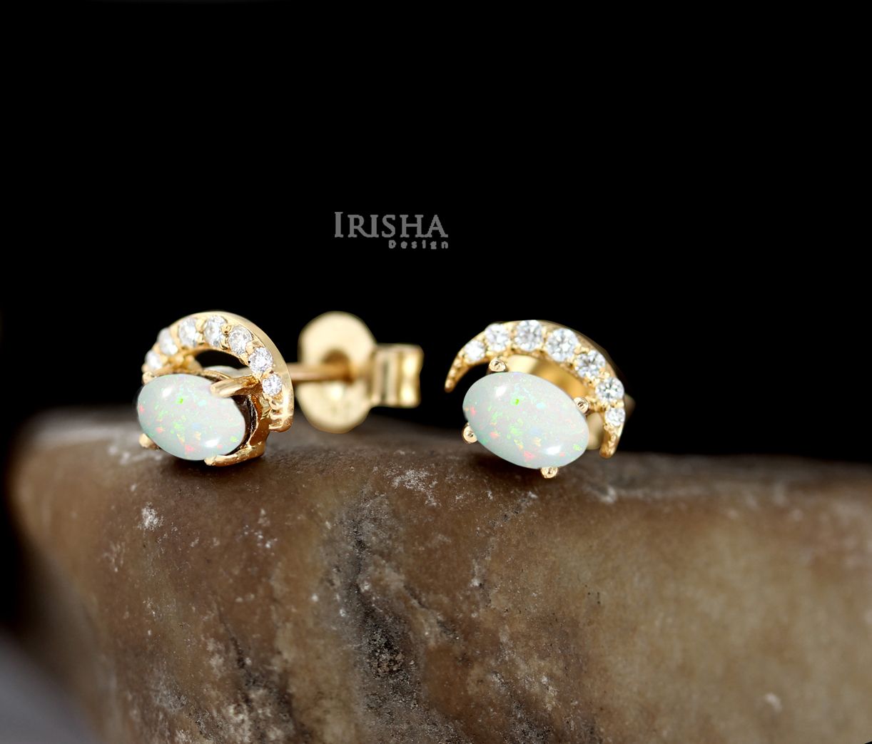 14K Gold Genuine Diamond And Opal Gemstone Crescent Moon Studs Earrings Jewelry