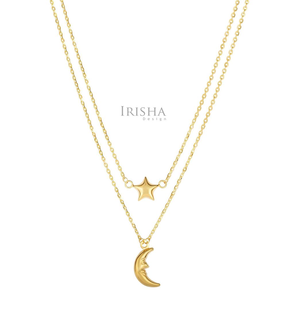14K Yellow Gold Moon & Star Double Graduated Strand Necklace Christmas Jewelry