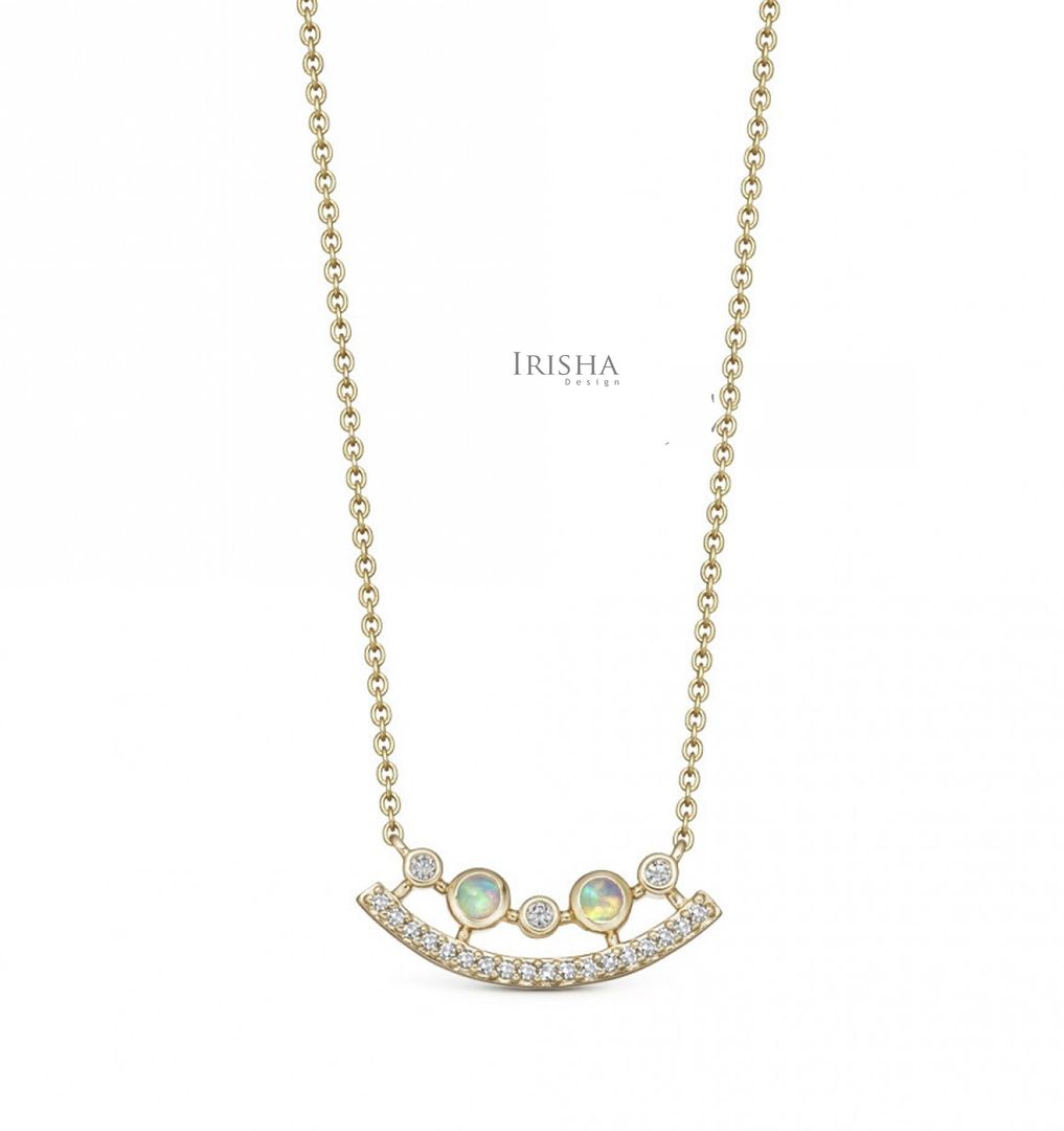 14K Gold Genuine Diamond And Opal Gemstone Curved Pendant Necklace Fine Jewelry