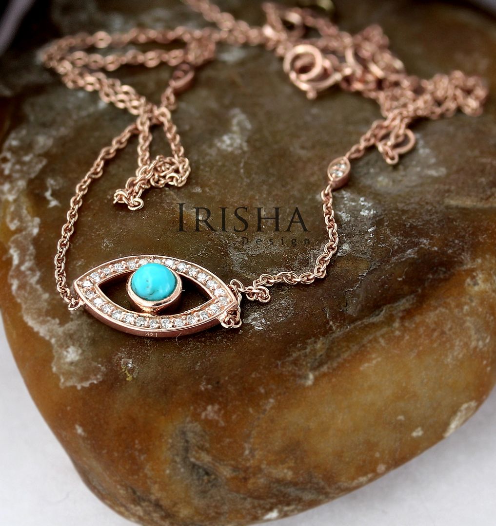 14K Gold Genuine Diamond And Turquoise Gemstone Evil Eye Charm Pendant Necklace 4 14K Gold Genuine Diamond And Turquoise Gemstone Evil Eye Charm Pendant Necklace