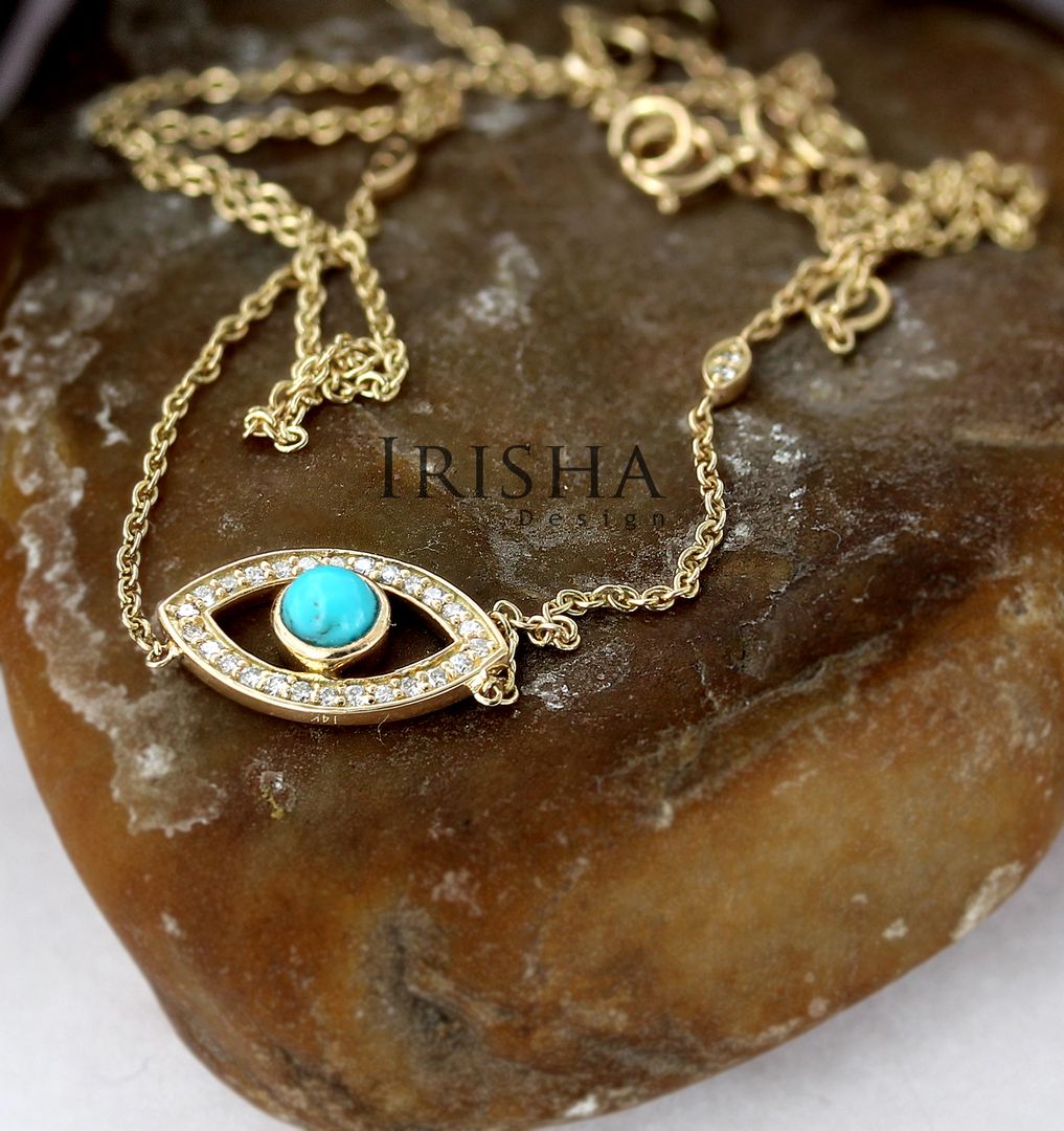 14K Gold Genuine Diamond And Turquoise Gemstone Evil Eye Charm Pendant Necklace