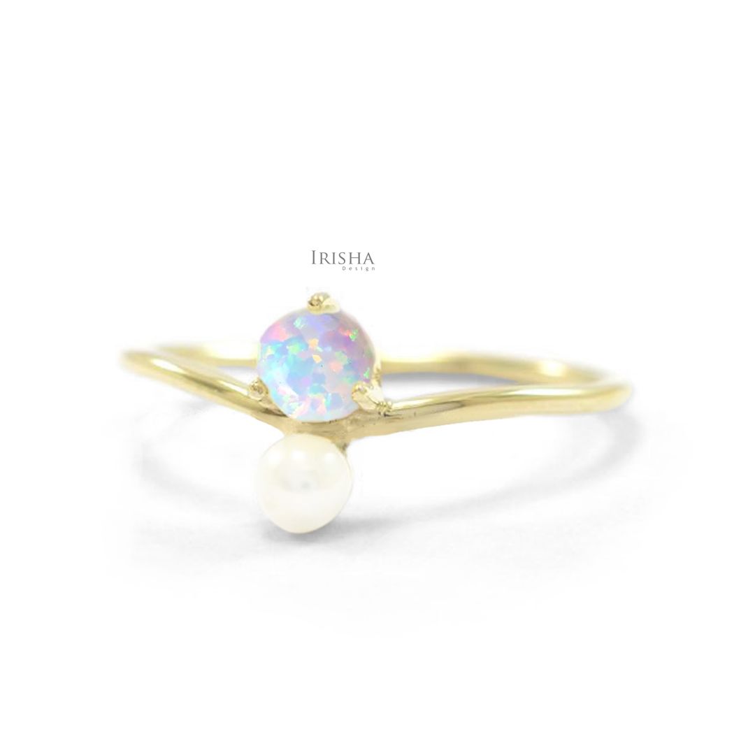 14K Gold Genuine Freshwater Pearl And Opal Gemstone Unique Ring Fine Jewelry