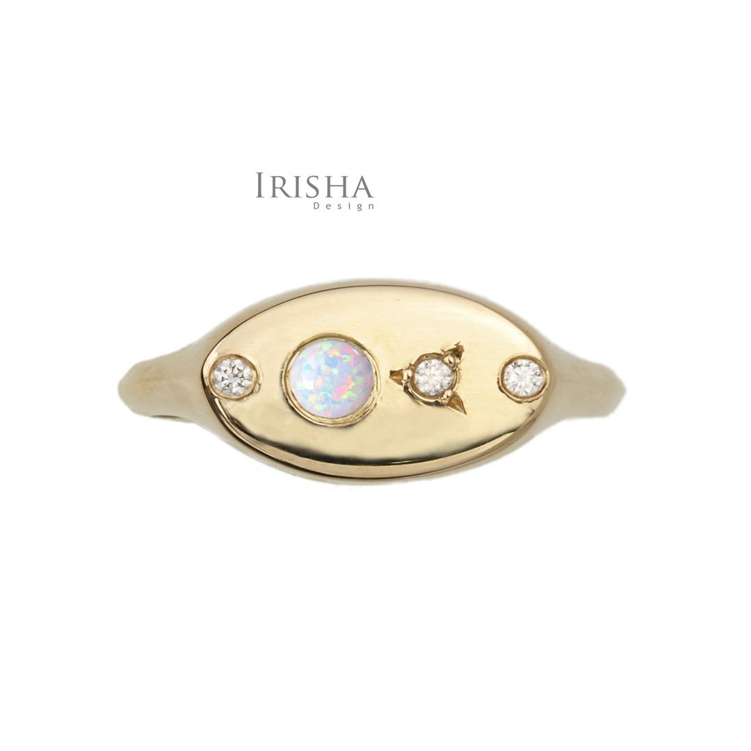 14K Gold Genuine Diamond And Opal October Birthstone Classic Signet Wedding Ring