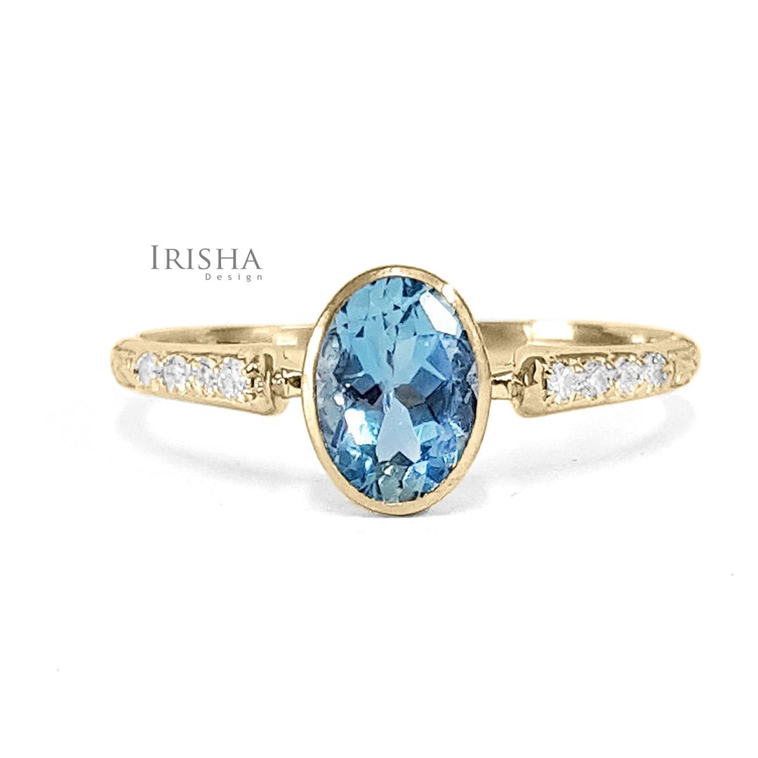 14K Gold Genuine Diamond And Aquamarine Art Deco Engraved Engagement Ring