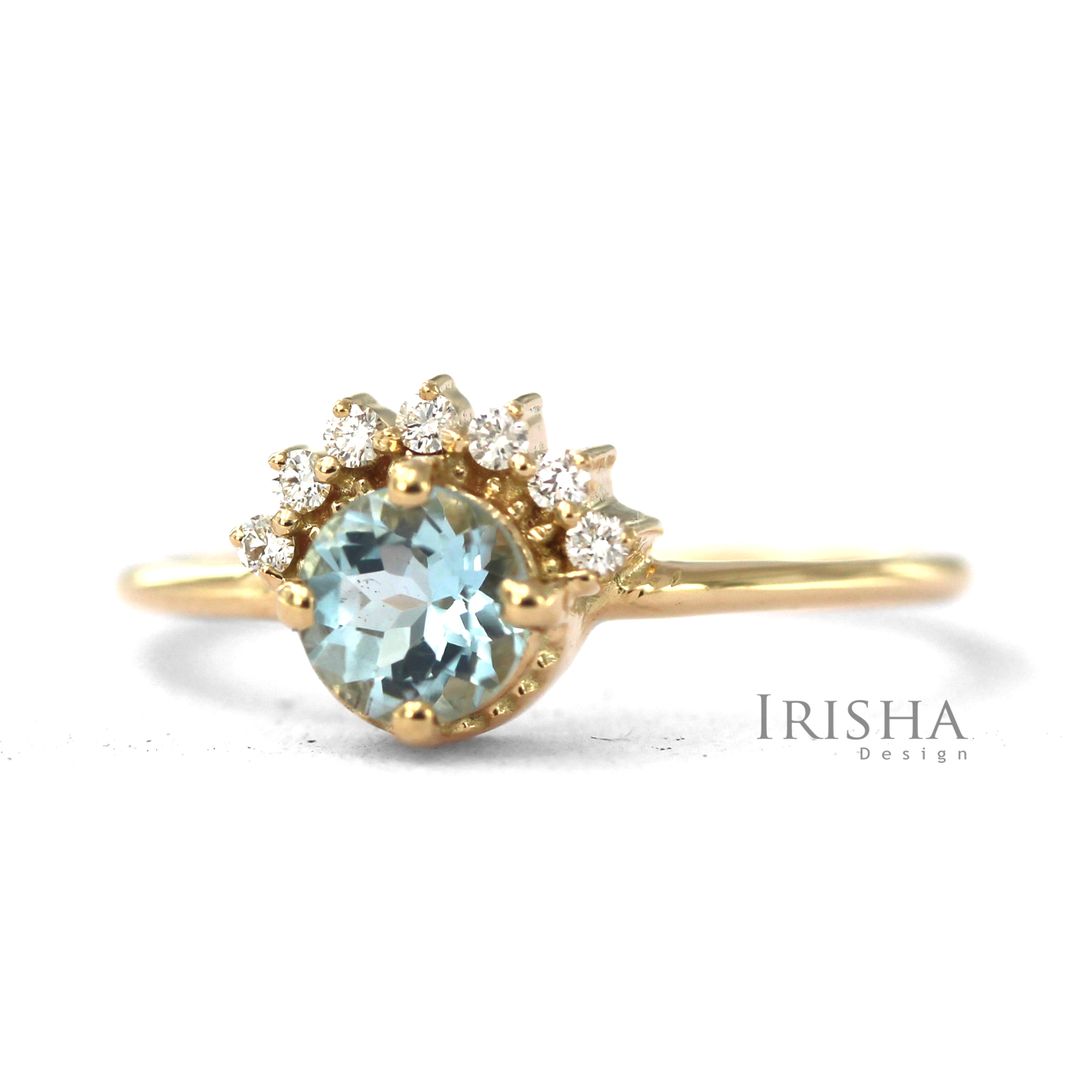 14K Gold Genuine Diamond And Aquamarine Gemstone Wedding Band Ring Fine Jewelry
