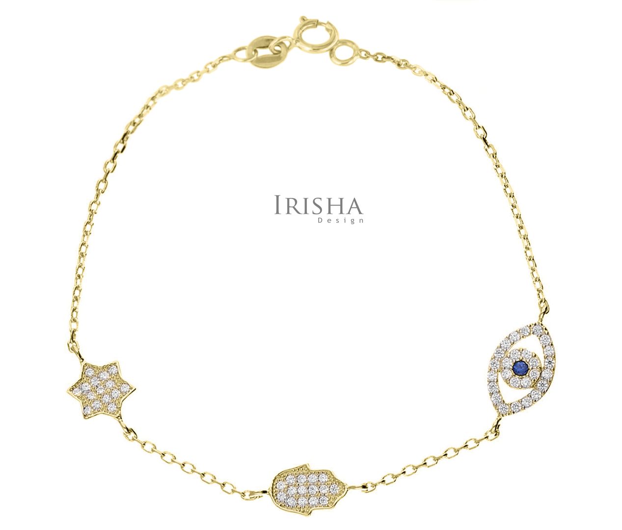 Genuine Blue Sapphire Star Evil Eye Hamsa Symbols Bracelet Diamond 14K Gold