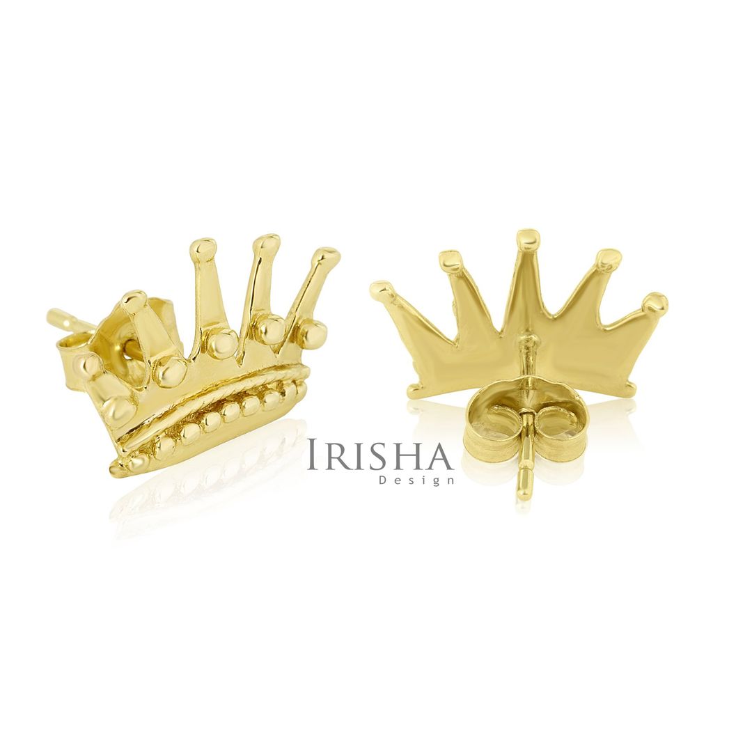 14K Solid Plain Gold Crown Shape Minimalist Studs Earrings Vintage Fine Jewelry