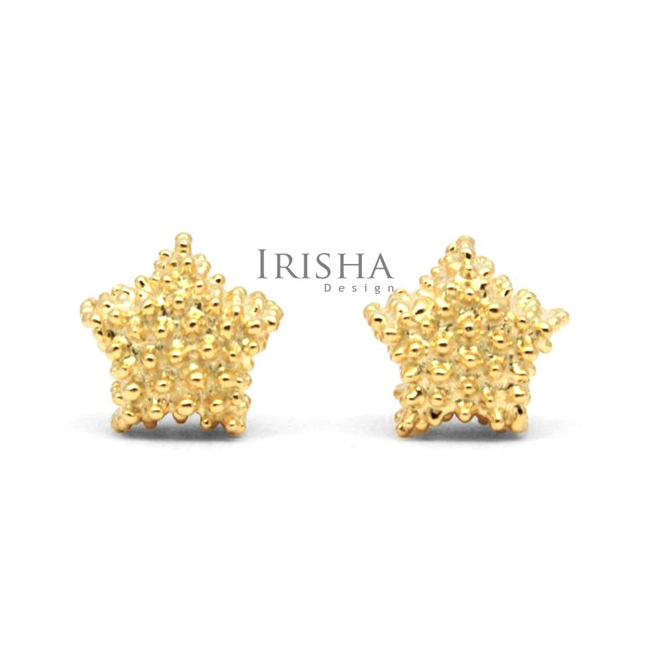 14K Solid Gold Tiny Studs Earrings With Golden Granules Fine Jewelry