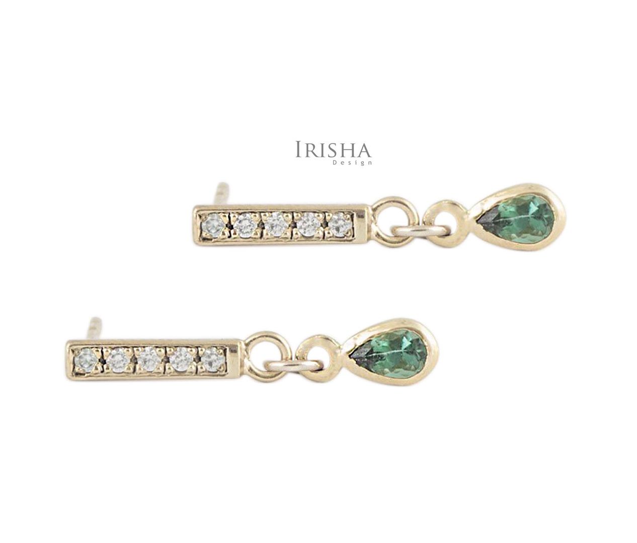 Genuine Diamond-Emerald May Birthstone Bar Dangle Earrings 14K Gold Fine Jewelry