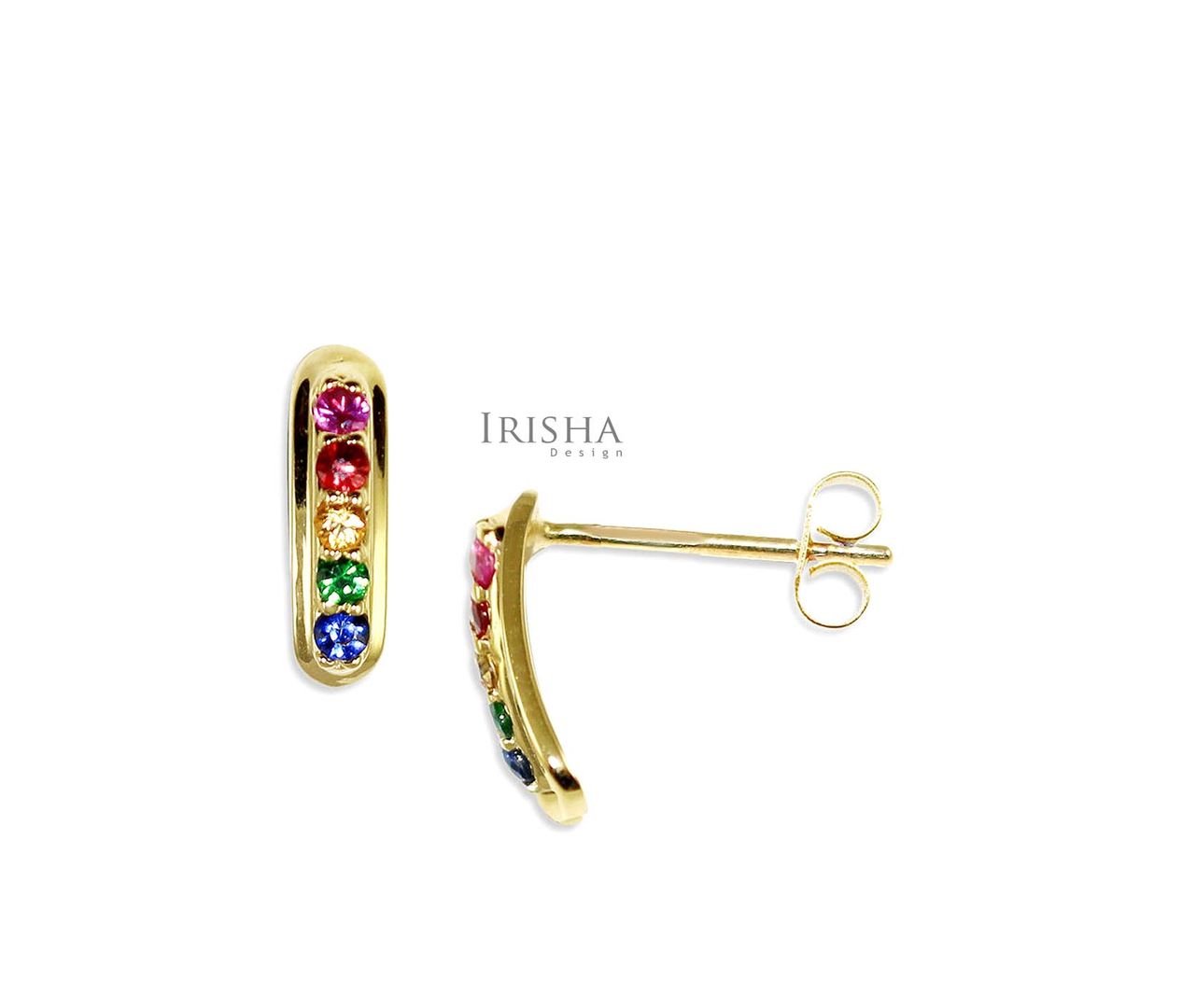 0.18 Ct. Genuine Multi Sapphire Rainbow Bar Stud Earrings 14K Gold Fine Jewelry