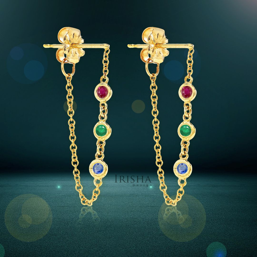 Genuine Ruby Emerald And Blue Sapphire Gemstone Drop Chain Earrings 14K Gold