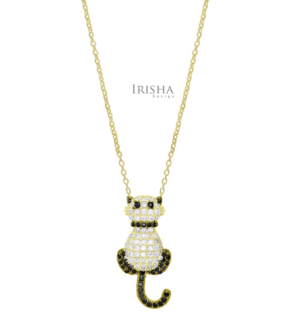 Halloween Gift 0.65 Ct. Genuine White-Black Diamond Cat Charm Necklace 14K Gold