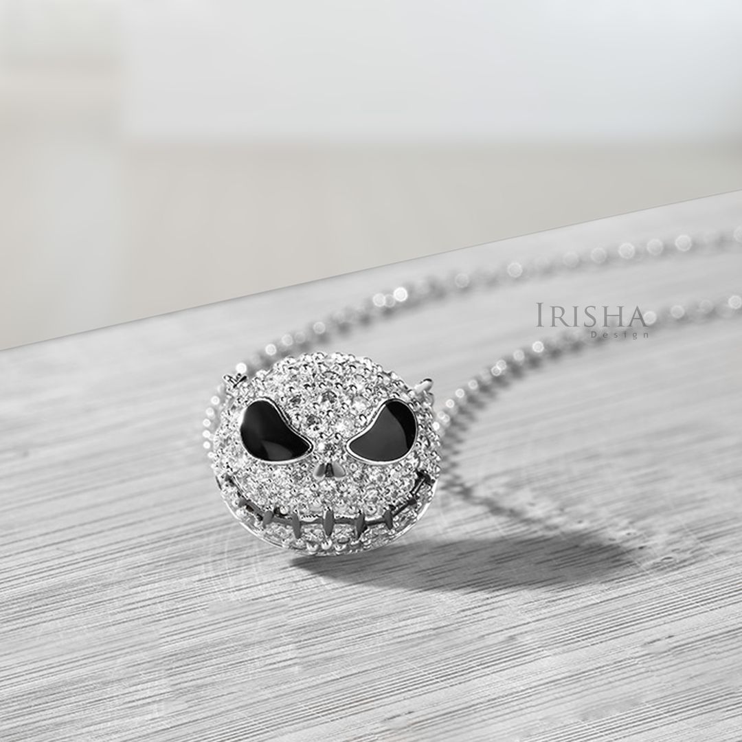 Halloween Gift 18K White Gold Genuine Diamond Pumpkin/Skull Charm Necklace