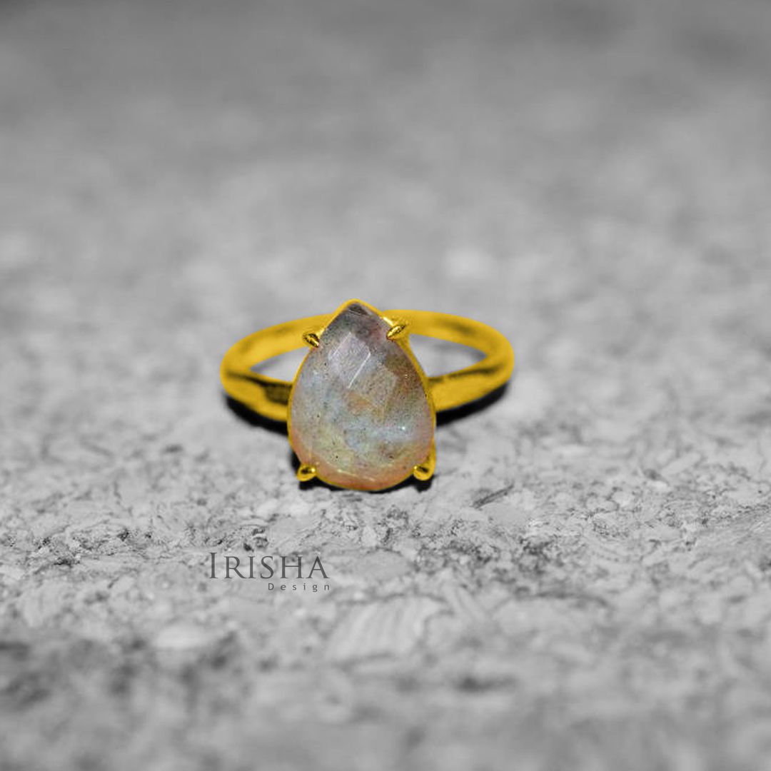 0.50 Ct. Pear Shape Genuine Labradorite Gemstone Ring 14K Gold Fine Jewelry