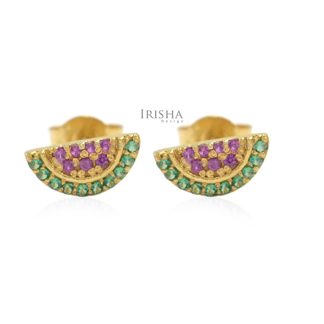 14K Gold Genuine Emerald And Pink Sapphire Gemstone Watermelon Studs Earrings