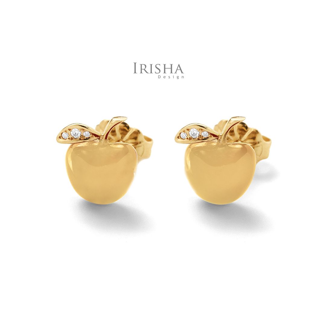 14K Solid Gold 0.04 Ct. Genuine Diamond Apple Shape Studs Earrings Gift For Her